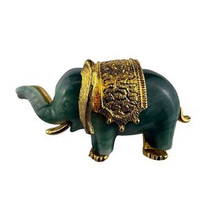 Faux Jade Green & Gold Tone Elephant Brooch Pin Vintage Jewelry Figurine Elegant